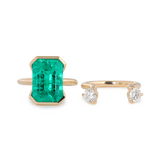 14K Yellow Gold 7ct Emerald Cut Colombian Lab Emerald Half Bezel Setting Ring with A Ring Enhancer in Bridal Ring Set Design