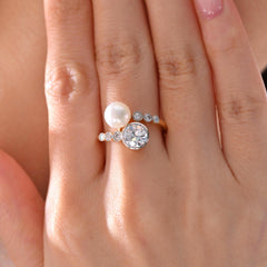 10K Gold Two Tone Design Old European Cut Lab Diamond and Pearl Toi et Moi Ring - MMR