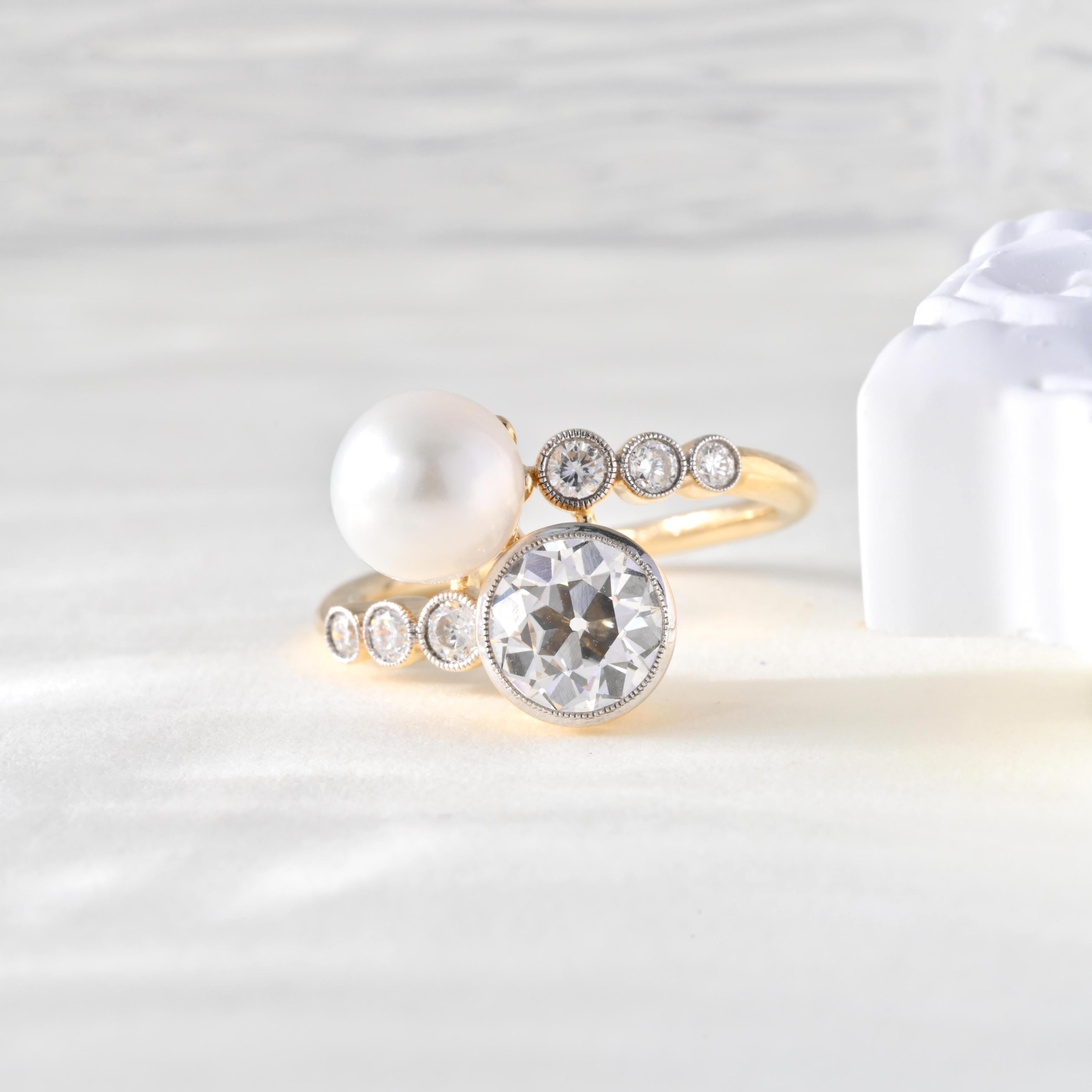 10K Gold Two Tone Design Old European Cut Lab Diamond and Pearl Toi et Moi Ring - MMR