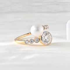 10K Gold Two Tone Design Old European Cut Lab Diamond and Pearl Toi et Moi Ring - MMR