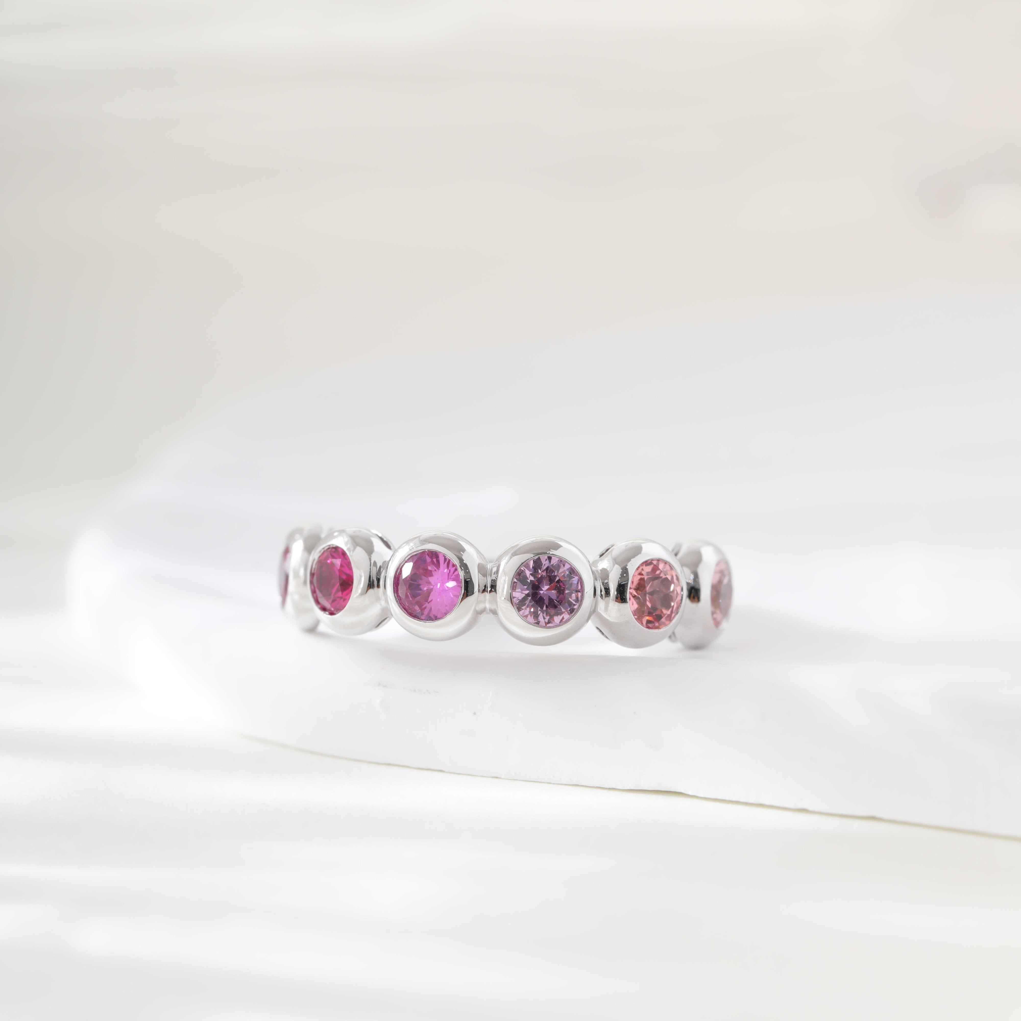 10K White Gold 3.5mm Round Corundum Bezel 6-Stone Ring - MMR