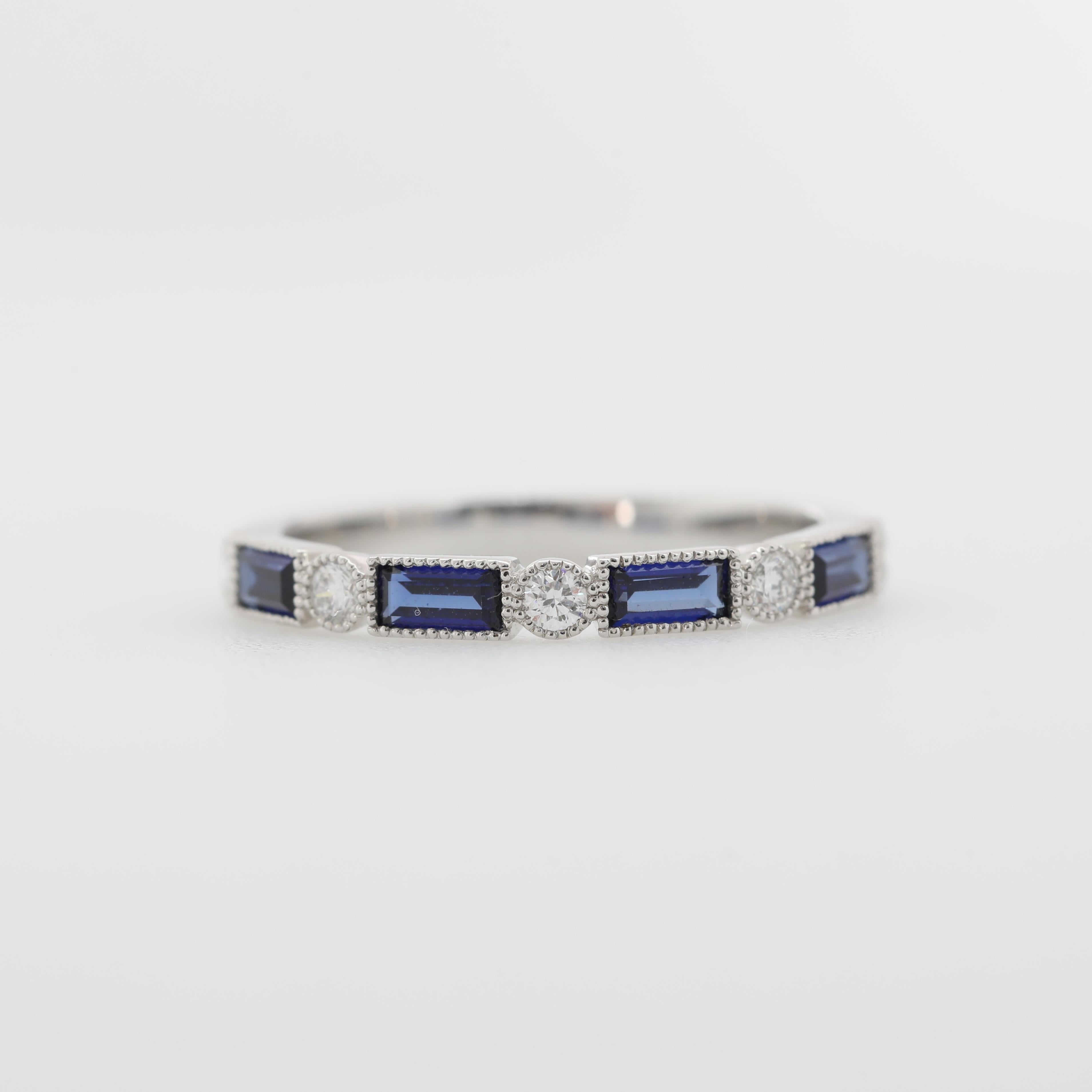 10K White Gold Baguette Lab Sapphire and Round Lab Diamond Half Eternity Ring - MMR
