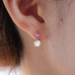 10K Yellow Gold Cushion Lab Diamond and Oval Pink Corundum Stud Earrings - MMR