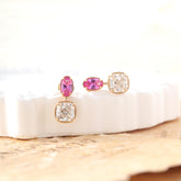 10K Yellow Gold Cushion Lab Diamond and Oval Pink Corundum Stud Earrings - MMR