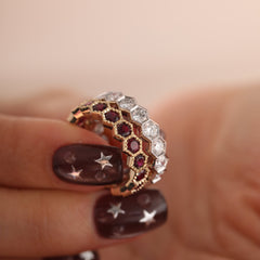 10K Yellow Gold Lab Ruby Hexagon Shape Design Beaded Bezel Set Eternity Band (US5.25 Unresizable) - MMR