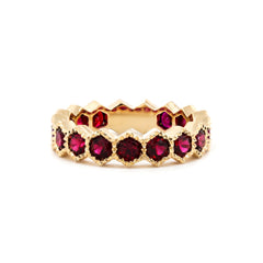 10K Yellow Gold Lab Ruby Hexagon Shape Design Beaded Bezel Set Eternity Band (US5.25 Unresizable) - MMR