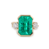 14K Yellow Gold 7ct Emerald Cut Colombian Lab Emerald Half Bezel Setting Ring with A Ring Enhancer in Bridal Ring Set Design