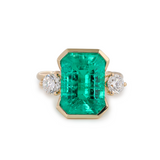 14K Yellow Gold 7ct Emerald Cut Colombian Lab Emerald Half Bezel Setting Ring with A Ring Enhancer in Bridal Ring Set Design