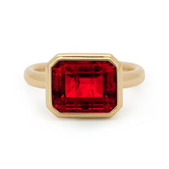 14K Yellow Gold 6 Carat Lab Ruby Solitaire Cocktail Ring with Bezel Setting