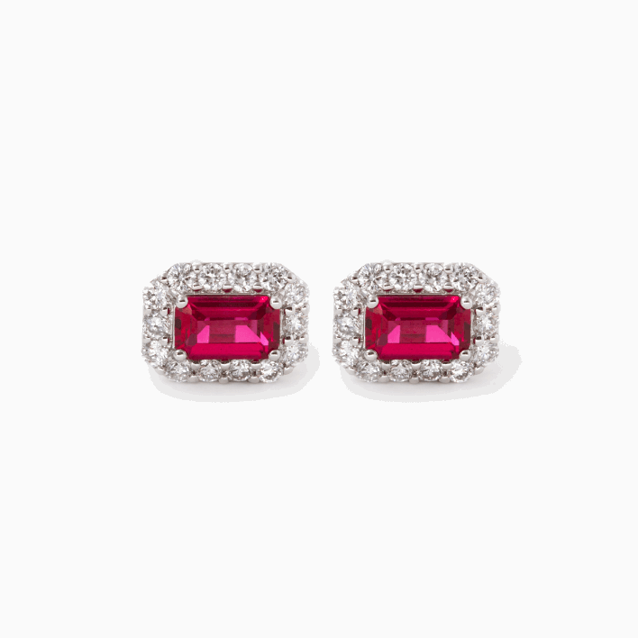 14K White Gold Emerald Cut Ruby Lab Diamond Halo Turquoise Stud Earrings