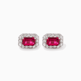 14K White Gold Emerald Cut Ruby Lab Diamond Halo Turquoise Stud Earrings