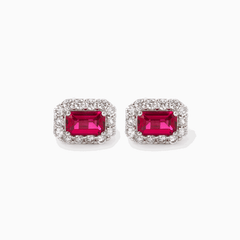 14K White Gold Emerald Cut Ruby Lab Diamond Halo Turquoise Stud Earrings