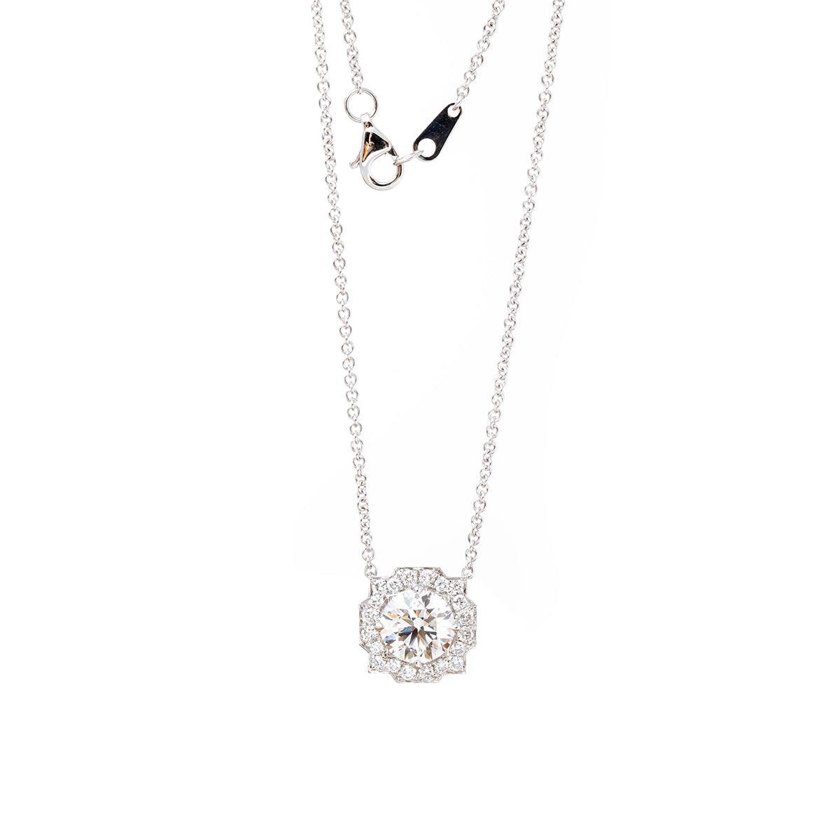 14K Round Brilliant Cut Lab Diamond Halo Setting White Gold Necklace