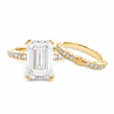 14K Yellow Gold 4ct Emerald Cut Lab Diamond Hidden Halo Victorian Antique Bridal Set Rings