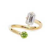 14K Yellow Gold Emerald Cut Lab Diamond & Round Peridot Toi et Moi Ring