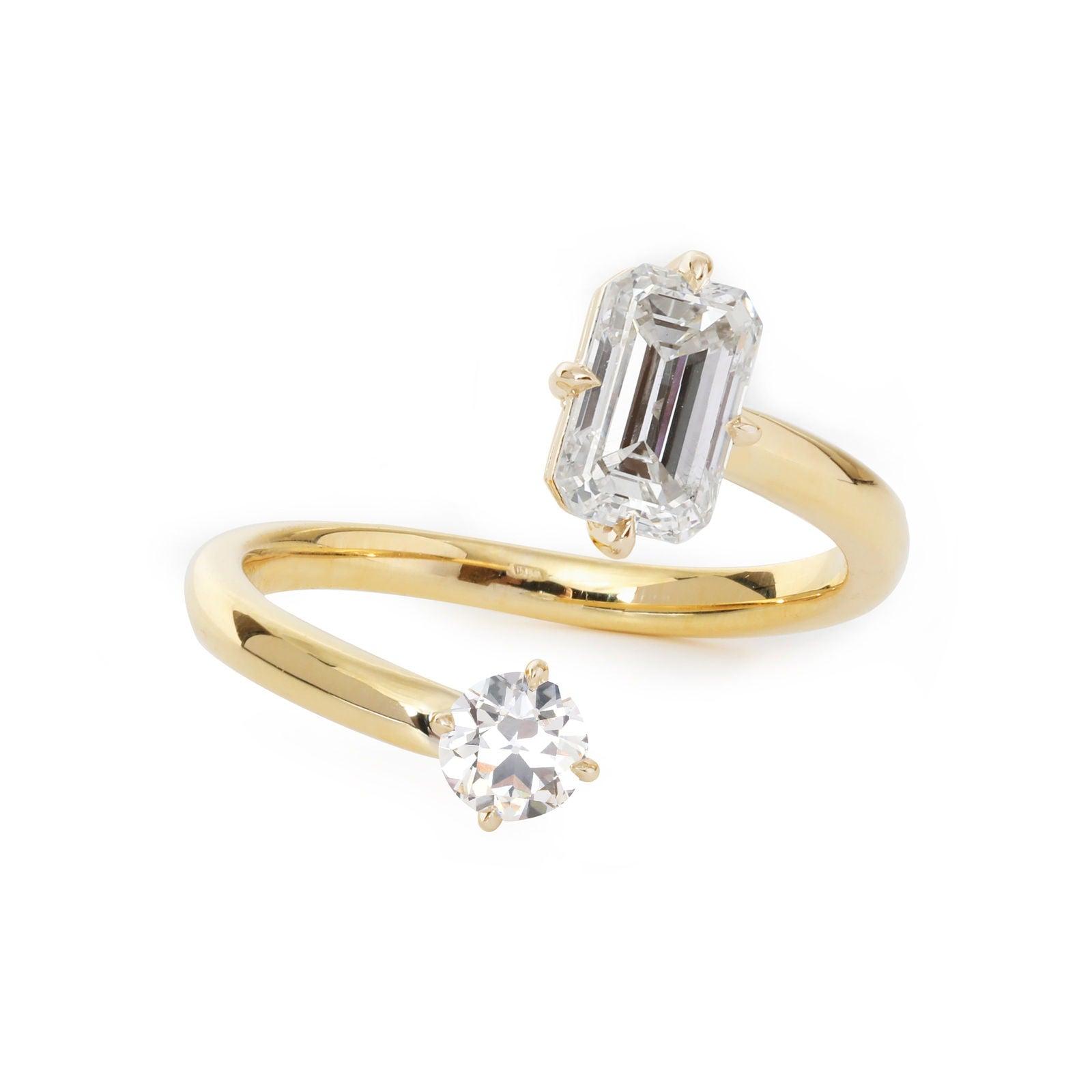 14K Yellow Gold Old European Cut & Emerald Cut Lab Diamond Toi et Moi Ring