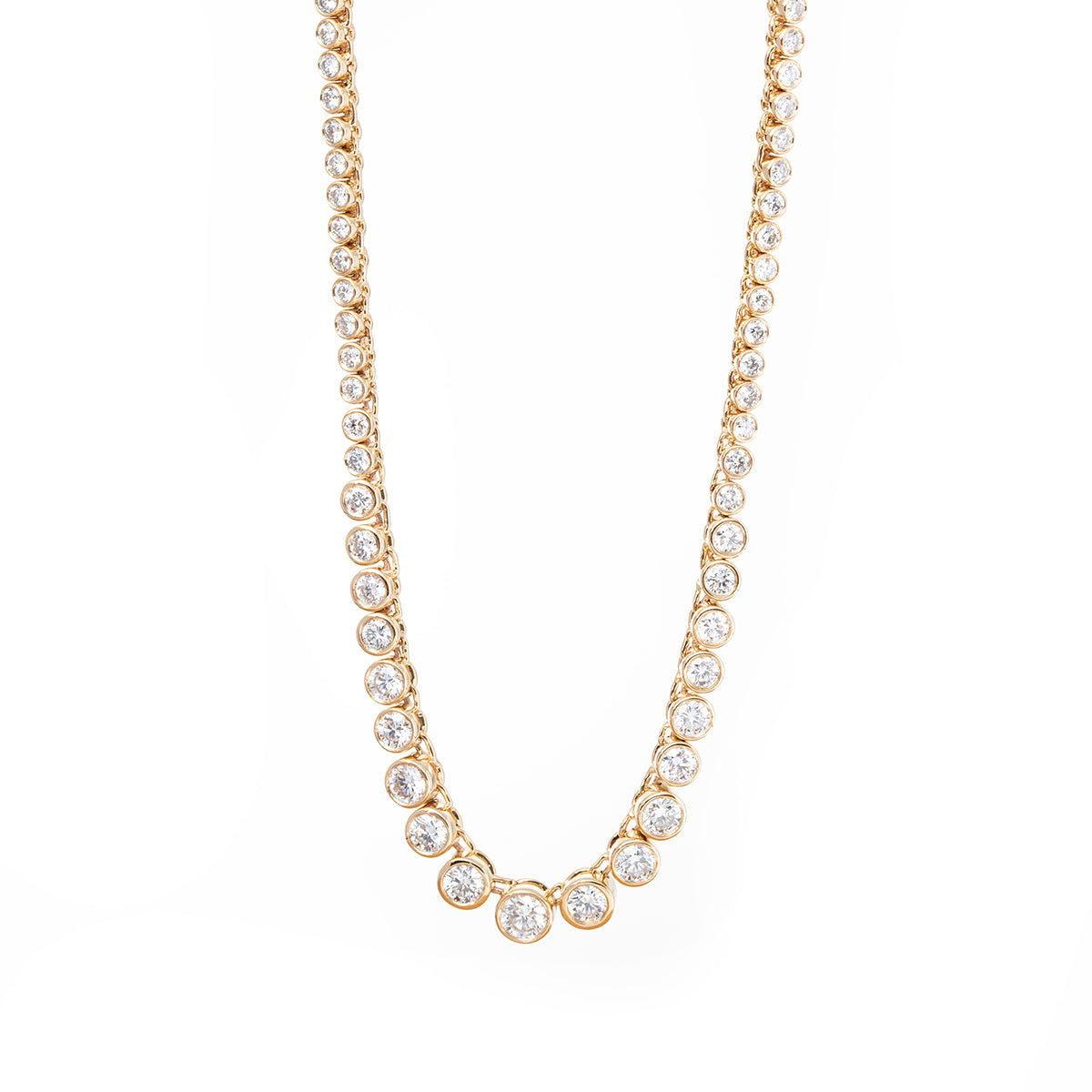 14K Yellow Gold Round Brilliant Cut Lab Diamond Bezel Setting Tennis Chain Necklace