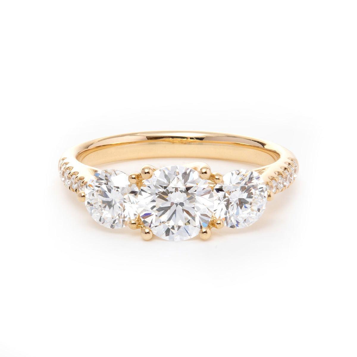 14K Yellow Gold Round Brilliant Cut Lab Diamond Pave Three Stone Ring