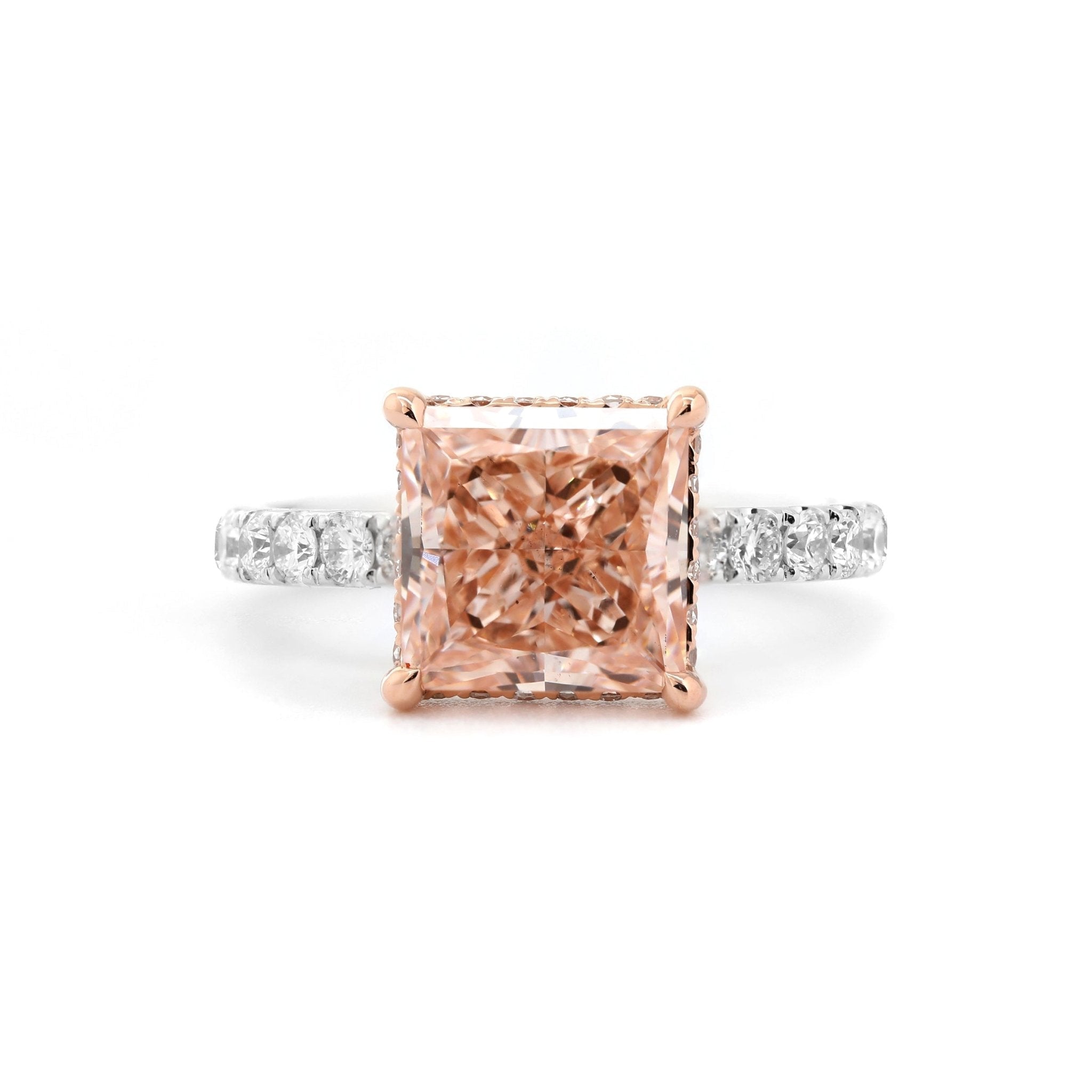 14K Gold 3.3CT Princess Brilliant Cut Pink Lab Diamond Pave Band Ring with Hidden Halo - MMR