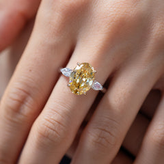 14K Gold 4CT Oval Old Mine Cut Lab Yellow Diamond Basket Set Three Stone Ring - MMR