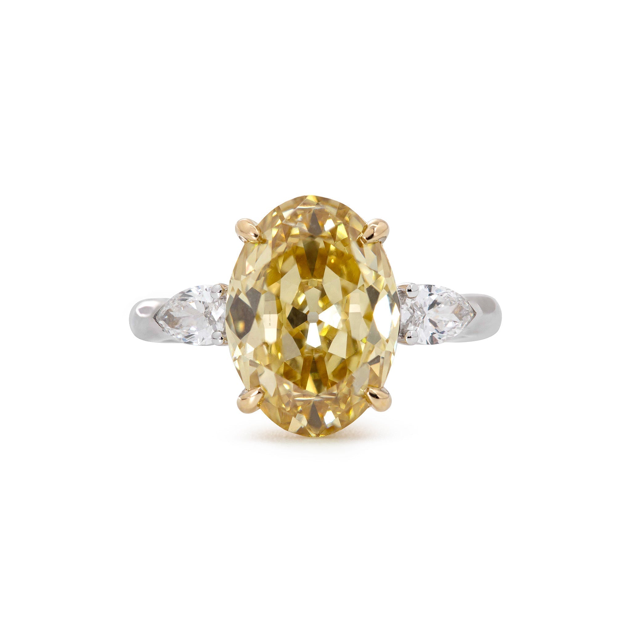 14K Gold 4CT Oval Old Mine Cut Lab Yellow Diamond Basket Set Three Stone Ring - MMR