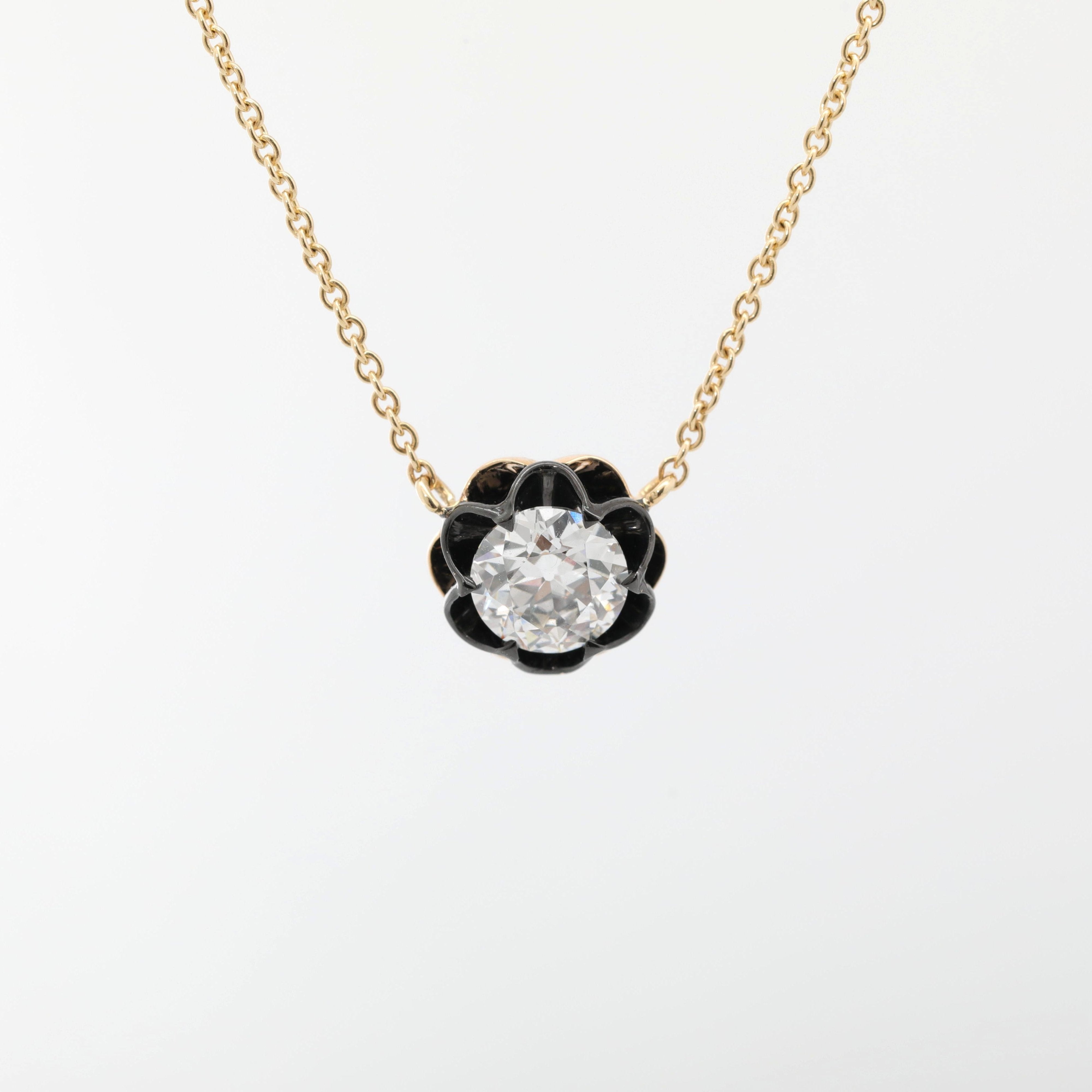 14K Gold Two Tone Design 0.96ct Old European Cut Lab Diamond Pendant Necklace with 16+2 Inches Adjustable Chain - MMR