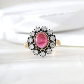 14K Gold Two Tone Design 1.92ct Cabochon Tourmaline Ring with Old European Cut Lab Diamond Halo - MMR