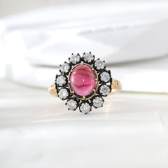 14K Gold Two Tone Design 1.92ct Cabochon Tourmaline Ring with Old European Cut Lab Diamond Halo - MMR