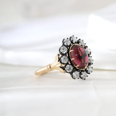14K Gold Two Tone Design 1.92ct Cabochon Tourmaline Ring with Old European Cut Lab Diamond Halo - MMR