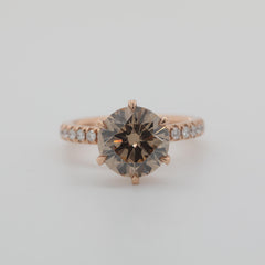 14K Rose Gold 2.41ct Round Cut Brown Lab Diamond 6 Prong Ring with Round Lab Diamond Pave - MMR