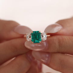 14K Rose Gold Lab Colombian Emerald Three-Stone Ring with Elongated Old Mine Cut Side Stones - MMR
