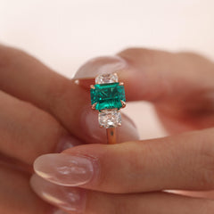 14K Rose Gold Lab Colombian Emerald Three-Stone Ring with Elongated Old Mine Cut Side Stones - MMR
