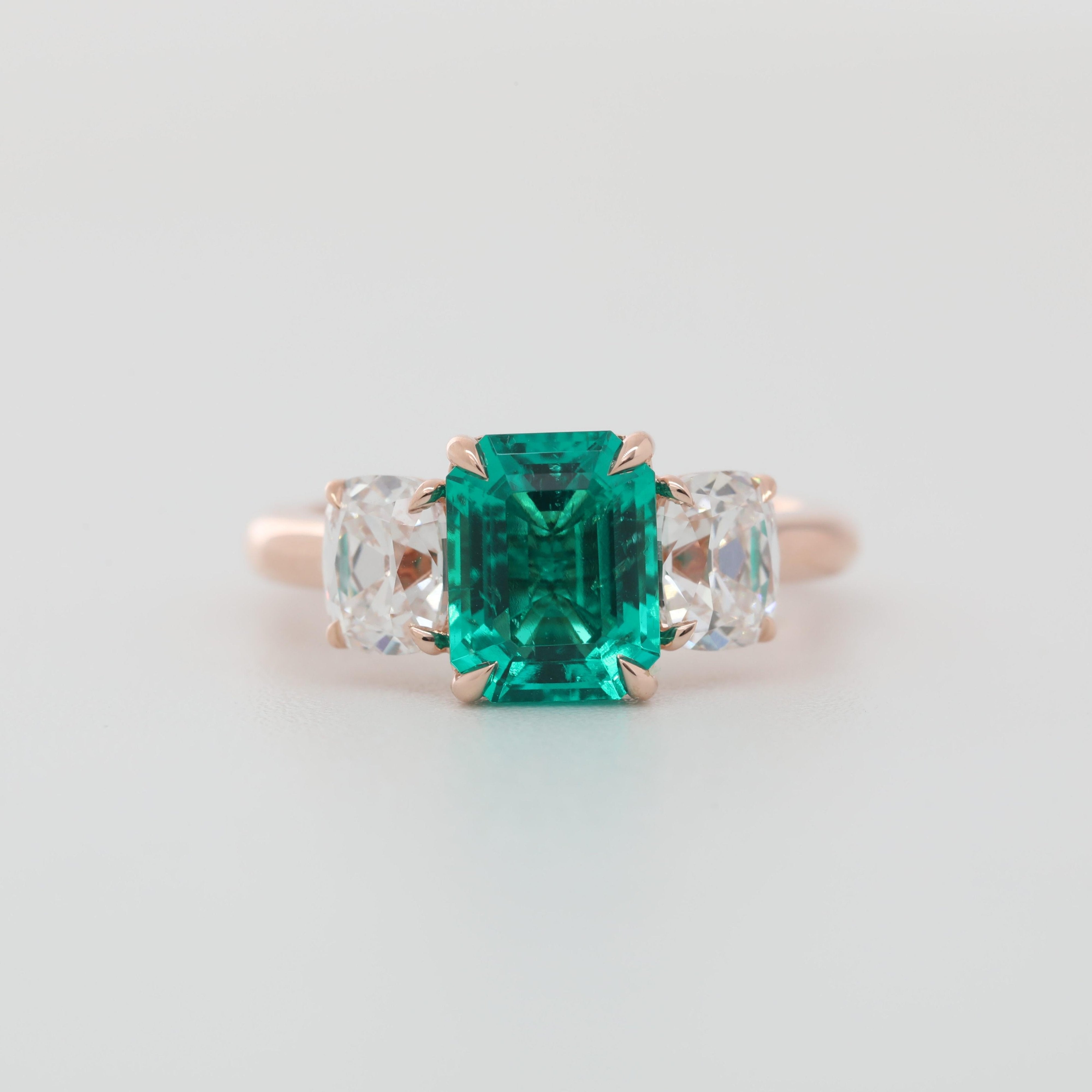14K Rose Gold Lab Colombian Emerald Three-Stone Ring with Elongated Old Mine Cut Side Stones - MMR