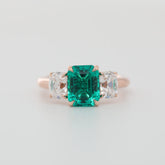 14K Rose Gold Lab Colombian Emerald Three-Stone Ring with Elongated Old Mine Cut Side Stones - MMR