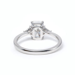 14K White Gold 1.5ct Radiant Cut Lab Diamond Three Stone Ring with Triangular Cut Lab Diamond Side Stones and Tapered Band Design - MMR