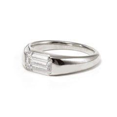 14K White Gold 1ct Emerald Cut Lab Diamond Half Bezel Ring with Tapered Band Design - MMR