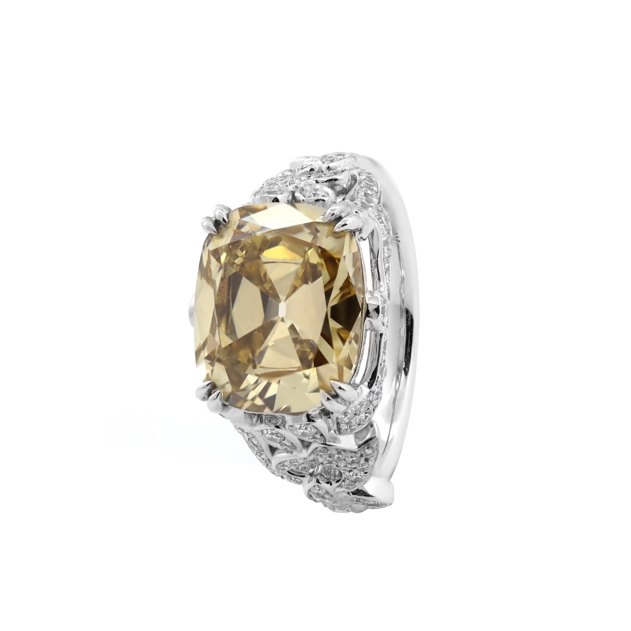 14K White Gold 4.1CT Cushion Old Mine Cut Lab Yellow Diamond Vintage Inspired Ring - MMR