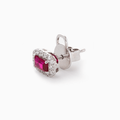 14K White Gold Emerald Cut Ruby Lab Diamond Halo Stud Earrings - MMR