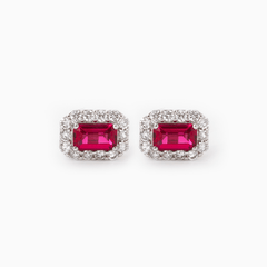 14K White Gold Emerald Cut Ruby Lab Diamond Halo Stud Earrings - MMR