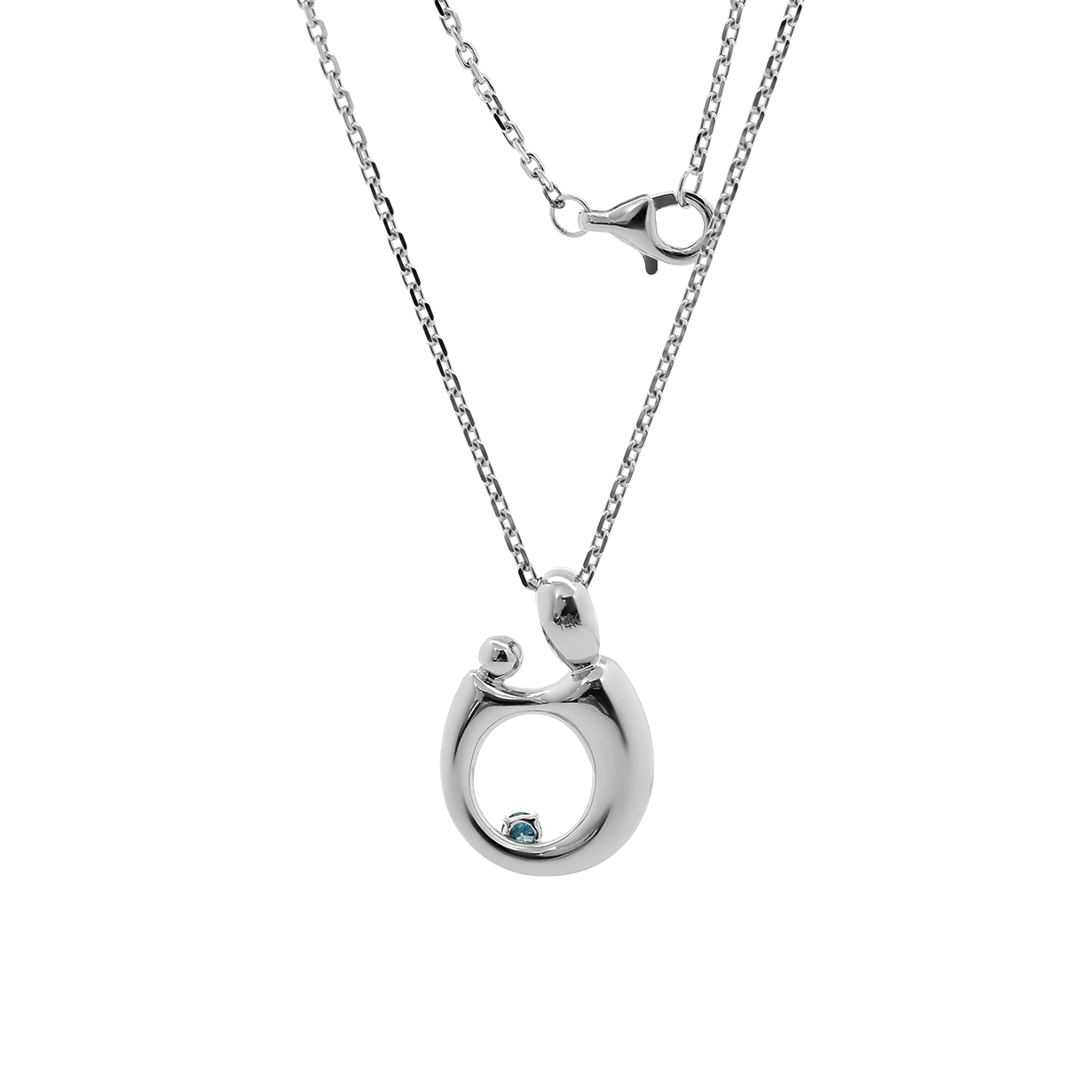 14K White Gold Mother and Child Pendant Necklace with Blue Round Lab Diamond - MMR