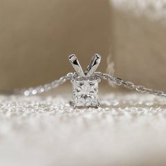 14K White Gold Princess Cut Lab diamond 4 Prong Basket Pendant Necklace - MMR