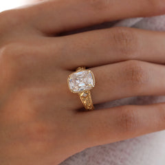 14K Yellow 3.7CT Cushion Old Mine Cut Lab Diamond Beaded Bezel Set Hand - Engraved Motif Band Ring - MMR