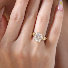 14K Yellow 3.7CT Cushion Old Mine Cut Lab Diamond Beaded Bezel Set Hand - Engraved Motif Band Ring - MMR