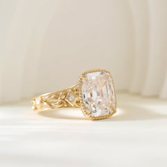 14K Yellow 3.7CT Cushion Old Mine Cut Lab Diamond Beaded Bezel Set Hand - Engraved Motif Band Ring - MMR
