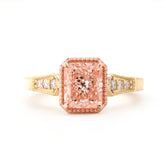 14K Yellow and Rose Gold 1.5ct Radiant Cut Pink Lab Diamond Millegrain Vintage Design Ring with Round Lab Diamond Side - stone - MMR