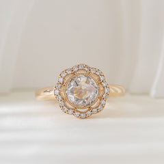 14K Yellow Gold 1.22CT Round Rose Cut Lab Diamond Halo Design Bezel Set Ring - MMR