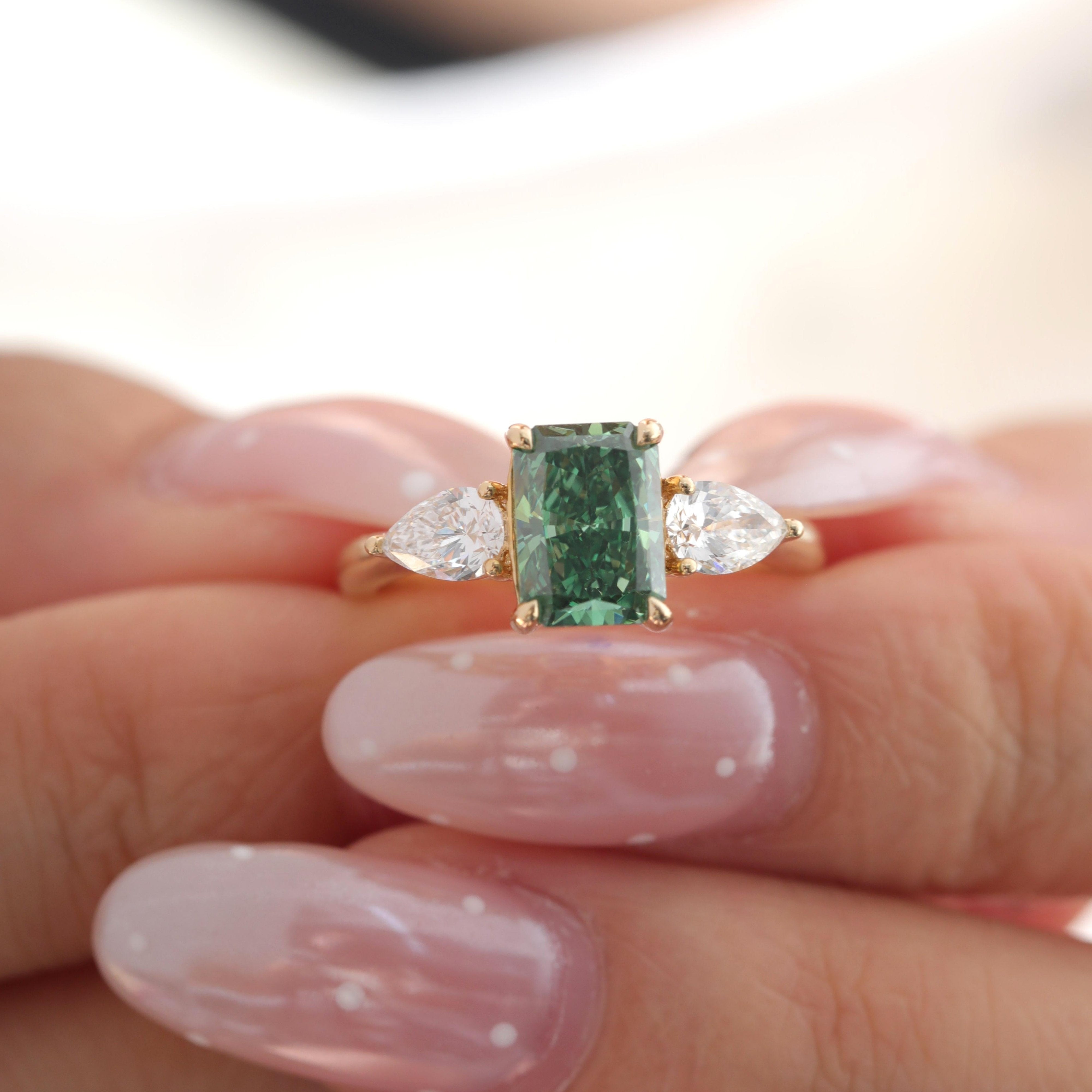 14K Yellow Gold 1.53ct Radiant Cut Green Lab Diamond Three Stone Ring - MMR