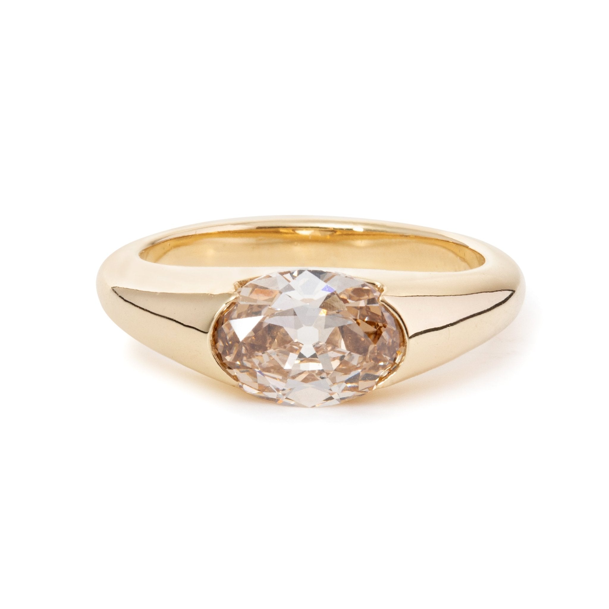 14K Yellow Gold 1.7ct Oval Champagne Color Old Mine Cut Lab Diamond Solitaire Hale Bezel Ring - MMR