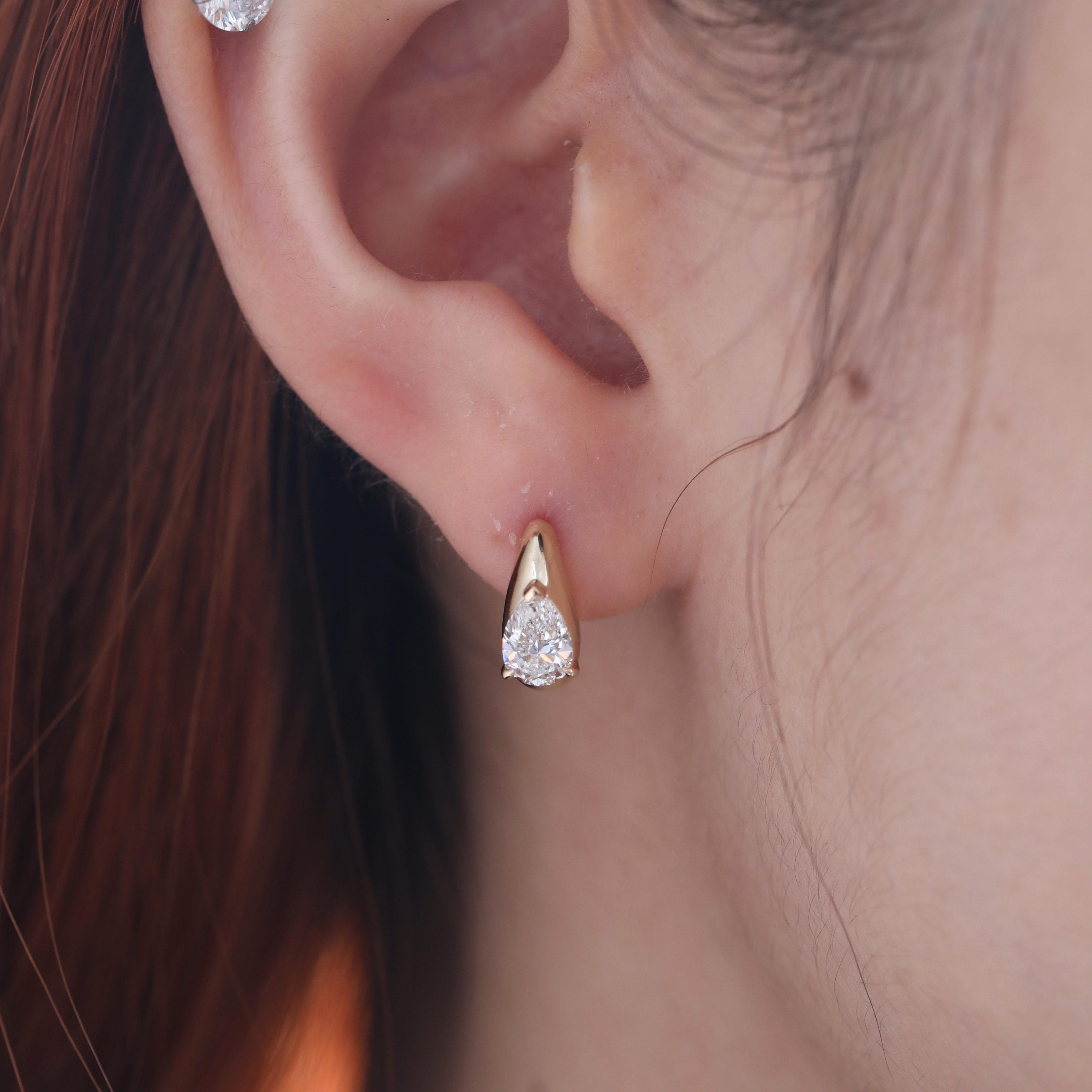 14K Yellow Gold 1ct tw Pear Lab Diamond Bezel Huggie Earrings - MMR