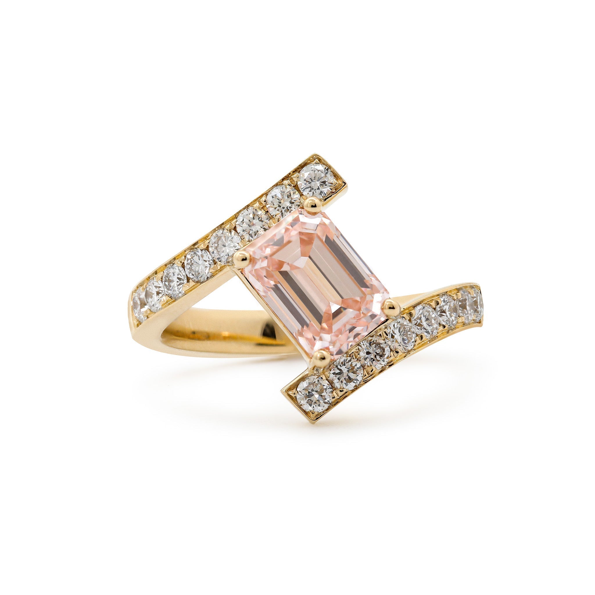 14K Yellow Gold 2.06CT Emerald - Cut Lab Pink Diamond Bypass Design Ring - MMR